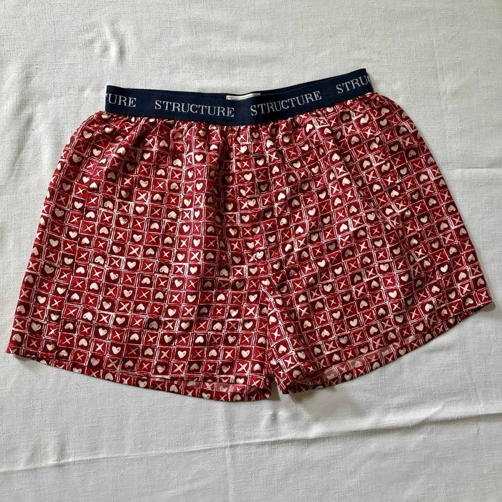 Vtg 90s Structure Men's L 100% Silk Boxer Shorts Red Cream X's And Hearts NWT